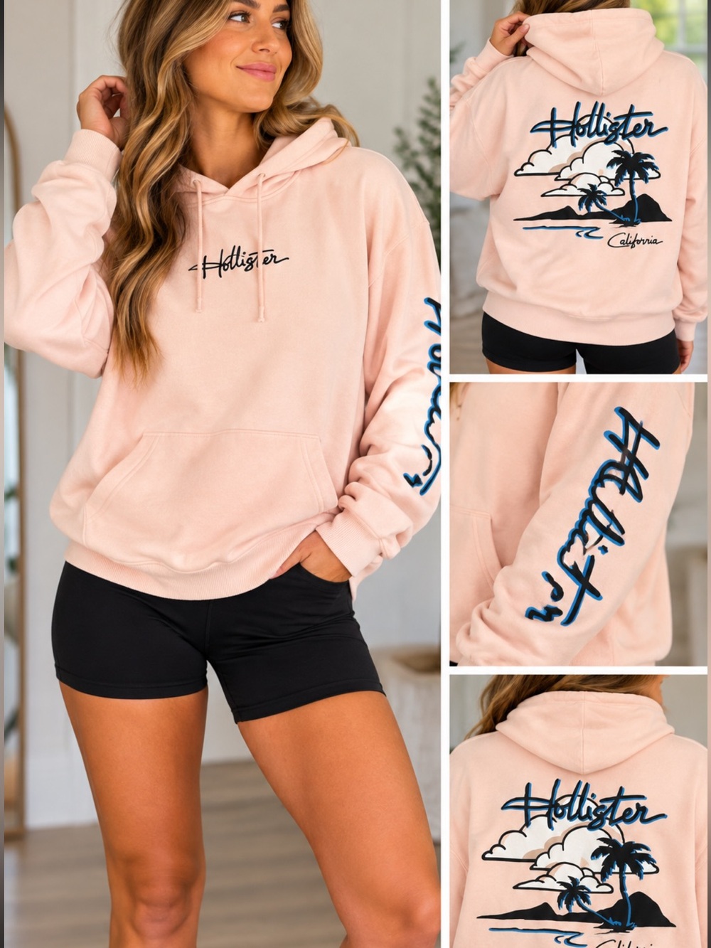 Hollister California Blush Pink Graphic Hoodie Palm Tree Sweatshirt